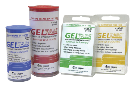 Three containers of Gel Tabs, a condiment derived from raw treatment. The containers are red, green, and yellow with white labels. The labels mention they treat up to 15 tons, last up to 3 months, and are for use with aquarium or pond water.