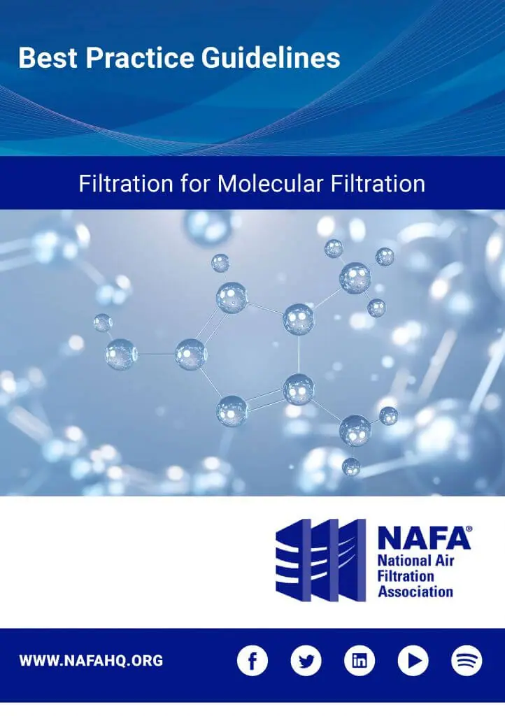 Cover page of a guide titled 'Best Practice Guidelines: Filtration for Molecular Filtration' by the National Air Filtration Association, featuring a graphic of molecules and social media icons at the bottom.