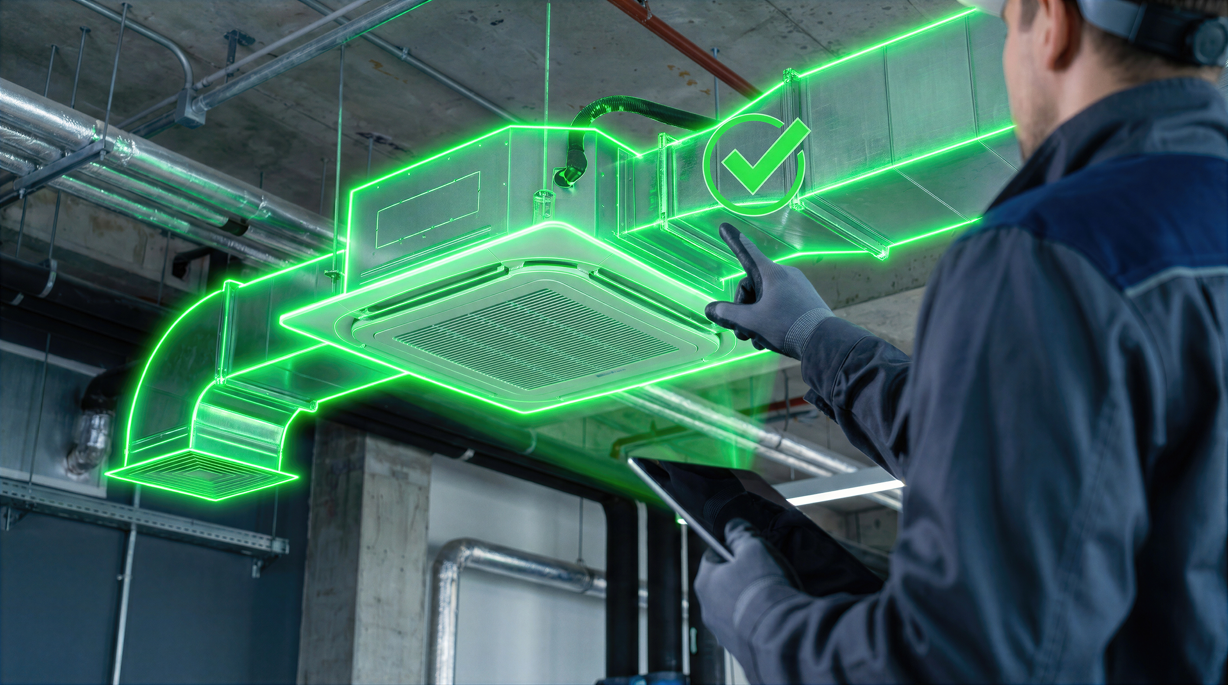A technician wearing gray gloves and a cap pointing at a digital blueprint of an HVAC system with a green checkmark, in an industrial setting with exposed pipes and concrete ceiling.