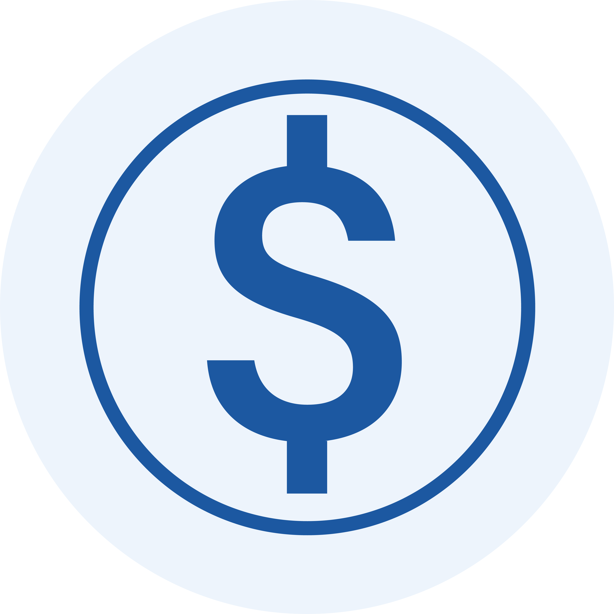 A close-up of a logo that features a stylized blue dollar sign inside a blue circle, set against a light gray circular background.