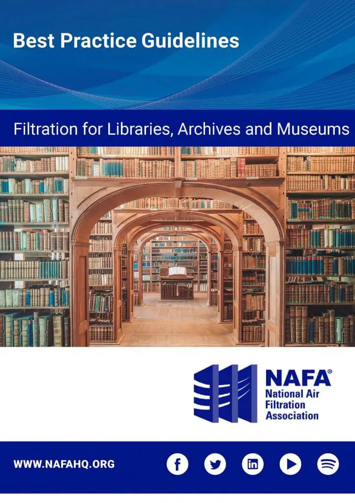 Cover page of a guide titled 'Best Practice Guidelines: Filtration for Libraries, Archives and Museums,' with an interior view of a library featuring wooden arches and shelves filled with books.