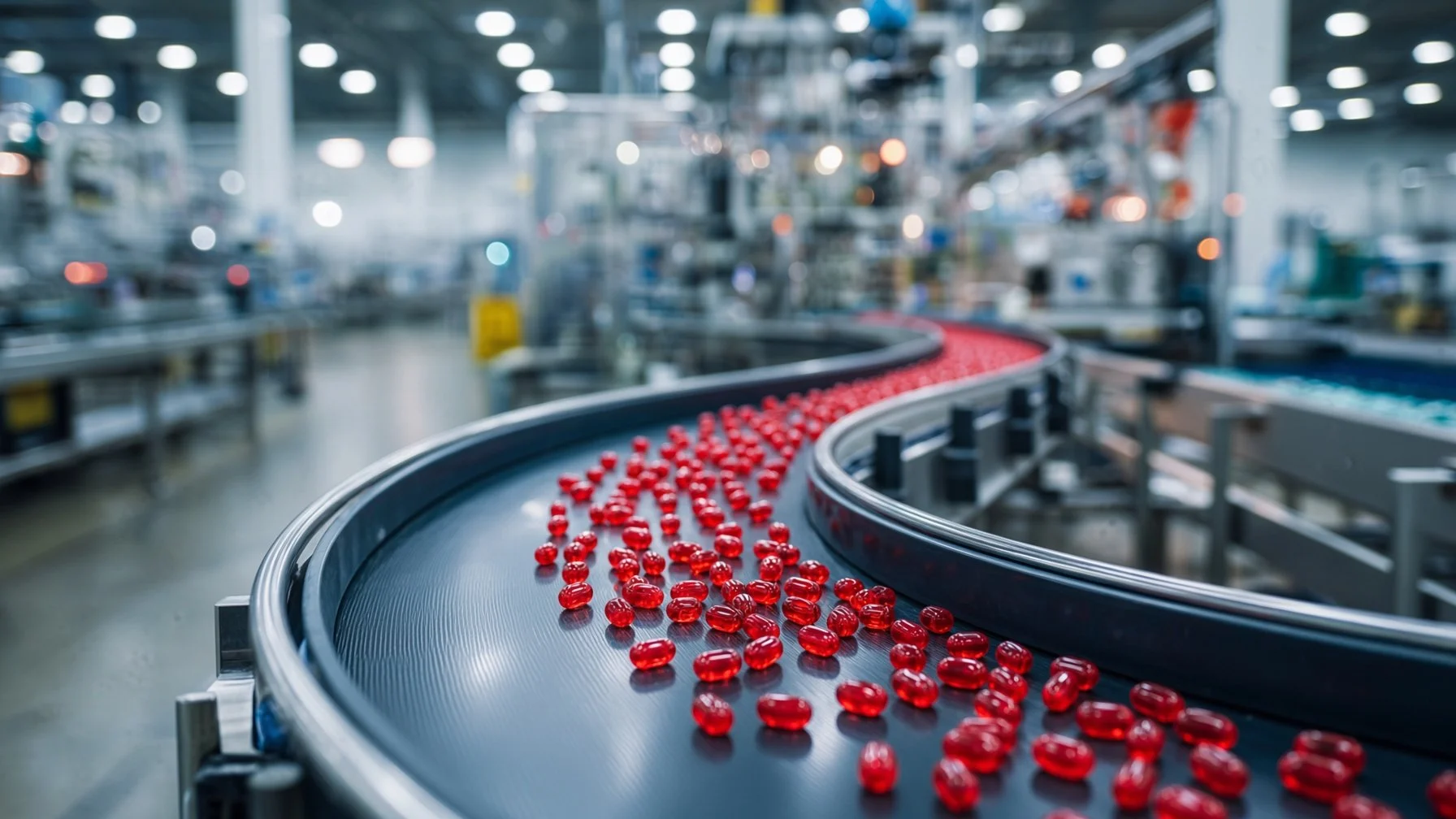 Red capsules on a conveyor belt in a pharmaceutical manufacturing facility.