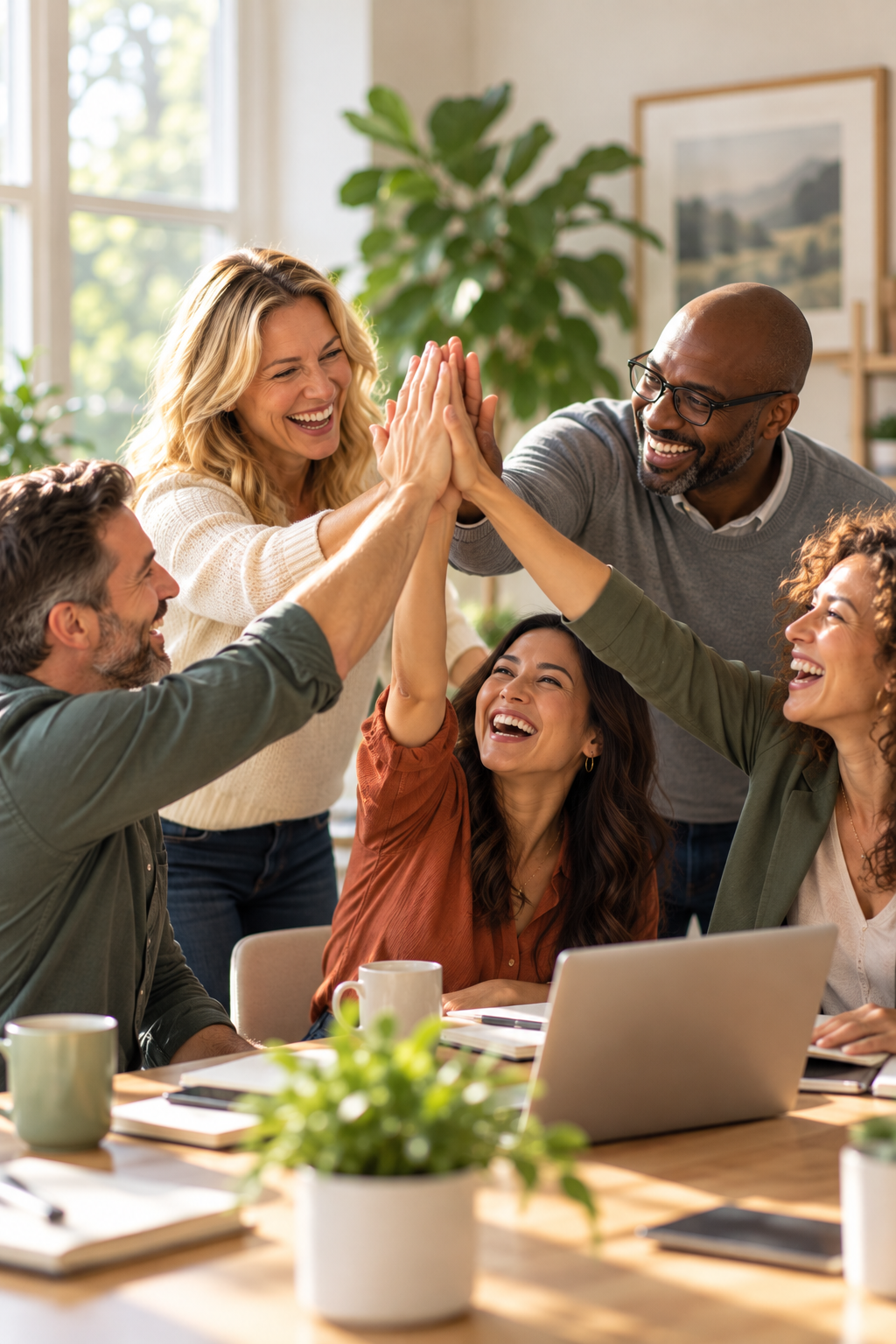 Diverse team celebrating with a group high-five around a laptop at a bright office table