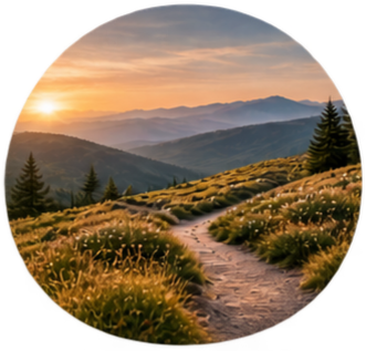 Sunset mountain landscape with a winding trail through golden alpine grass and evergreen trees