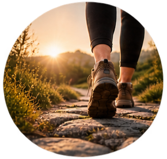 Close-up of a hiker's boots walking along a rocky trail at sunset