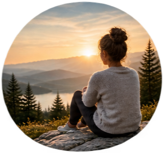 Woman sitting on a rocky overlook at sunrise, gazing across layered mountain peaks and evergreen trees