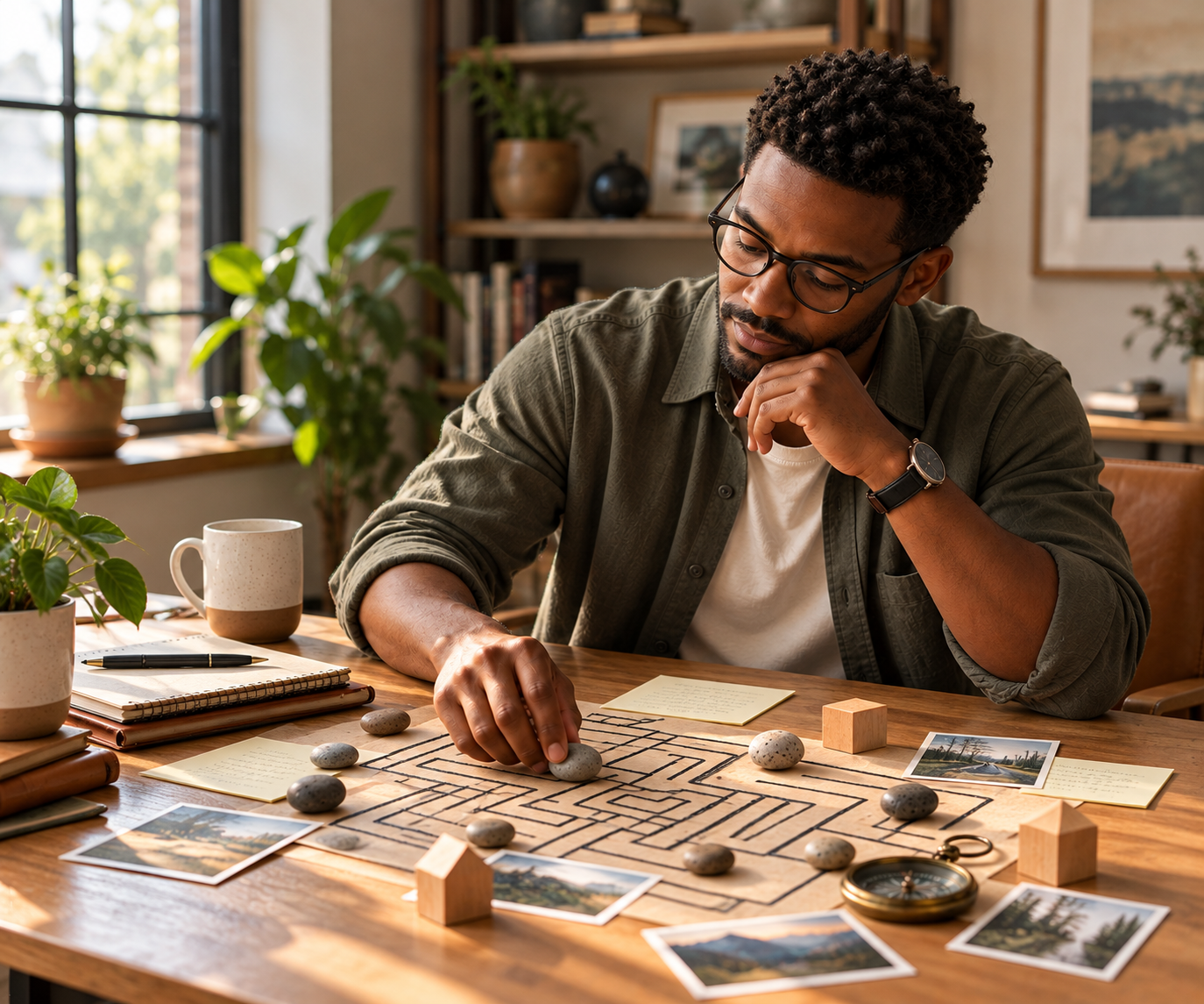 Man wearing glasses studying a maze puzzle with stones at a sunlit desk surrounded by notebooks, photos, plants, and a compass