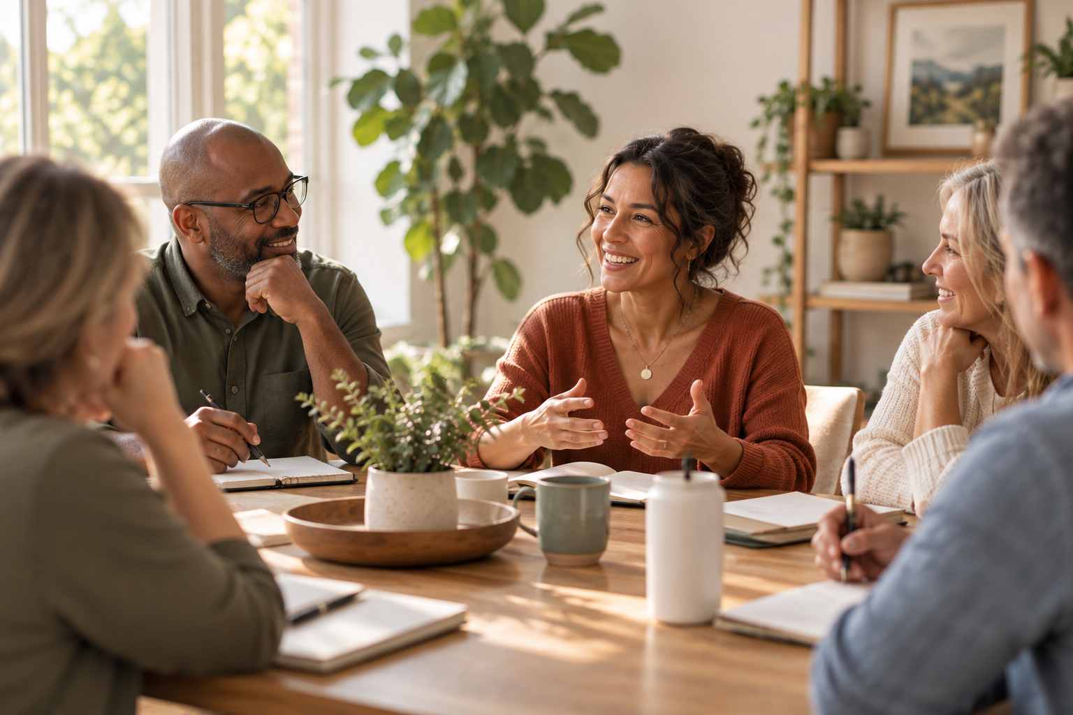 Diverse group of adults having a collaborative meeting around a table with notebooks, coffee mugs, and a potted plant