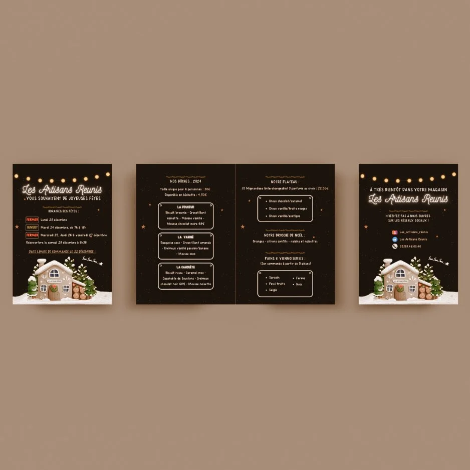 Flyer promotionnel pour une boutique artisanale, comprenant les horaires d'ouverture, une liste de produits et des informations de contact, avec une décoration de Noël.