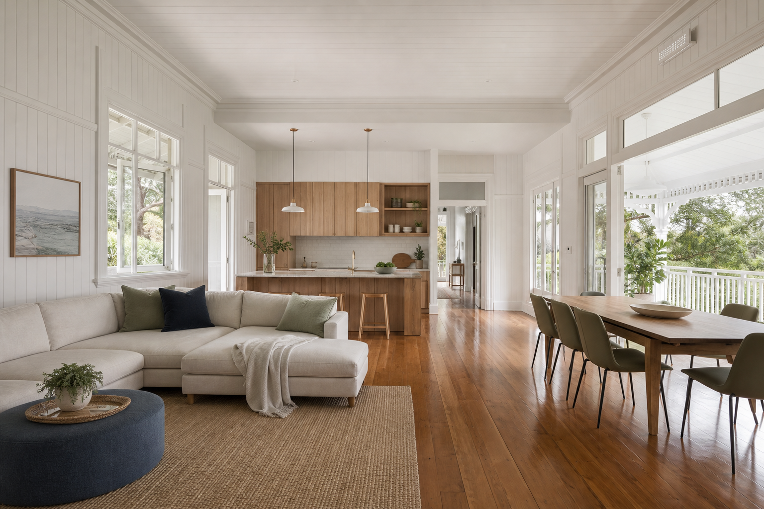 Bright open-concept living room and dining area with white walls, large windows, wooden floors, and minimalist furniture.