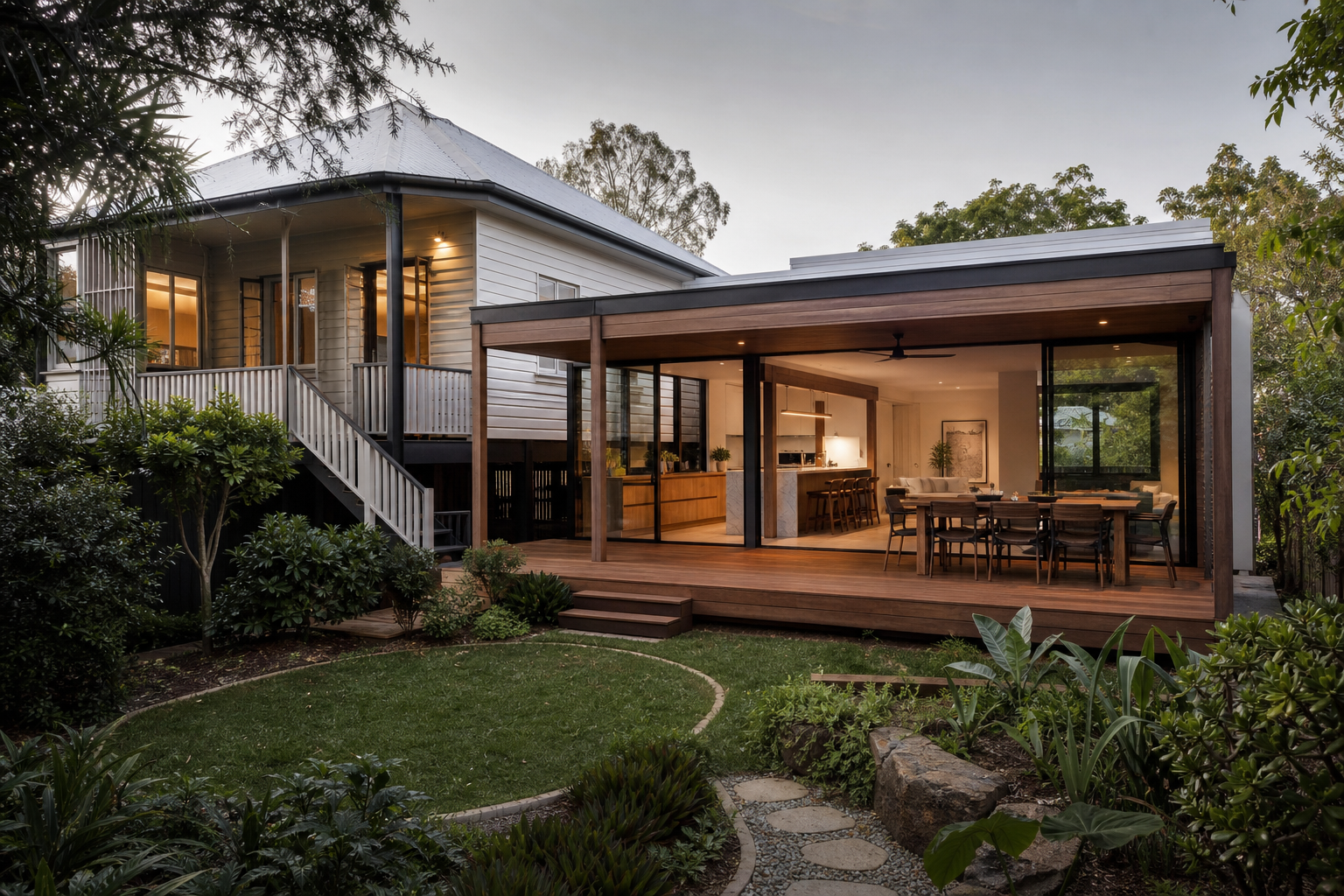 Modern two-story house with a wooden deck and outdoor dining area, surrounded by lush greenery and garden plants.