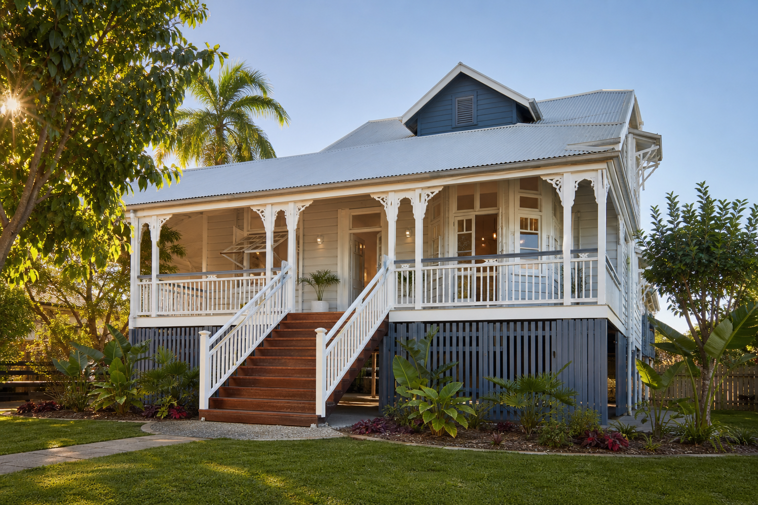 A white and blue house with a raised porch, wooden stairs, surrounded by lush green plants and trees, under a clear blue sky.