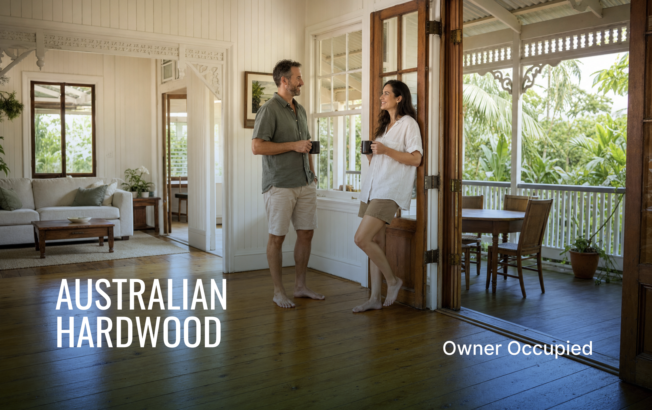 A man and woman holding coffee mugs and smiling at each other inside a house with Australian hardwood floors, white walls, and large windows with greenery outside.