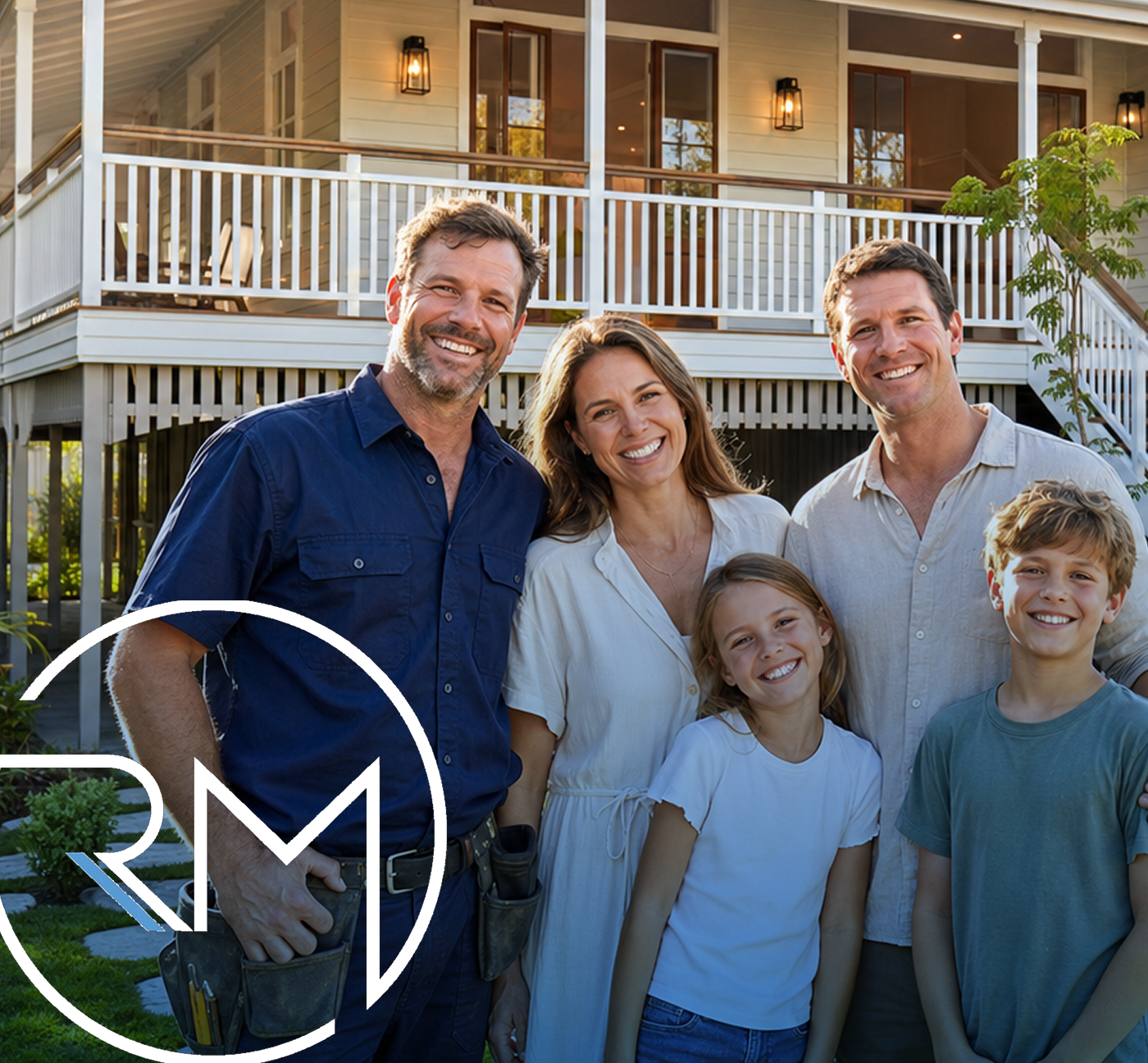 Family of five standing together outside of a house with a porch, smiling. The group includes two men, a woman, and two children, a girl and a boy. The house has a white railing, multiple windows, and exterior lighting.