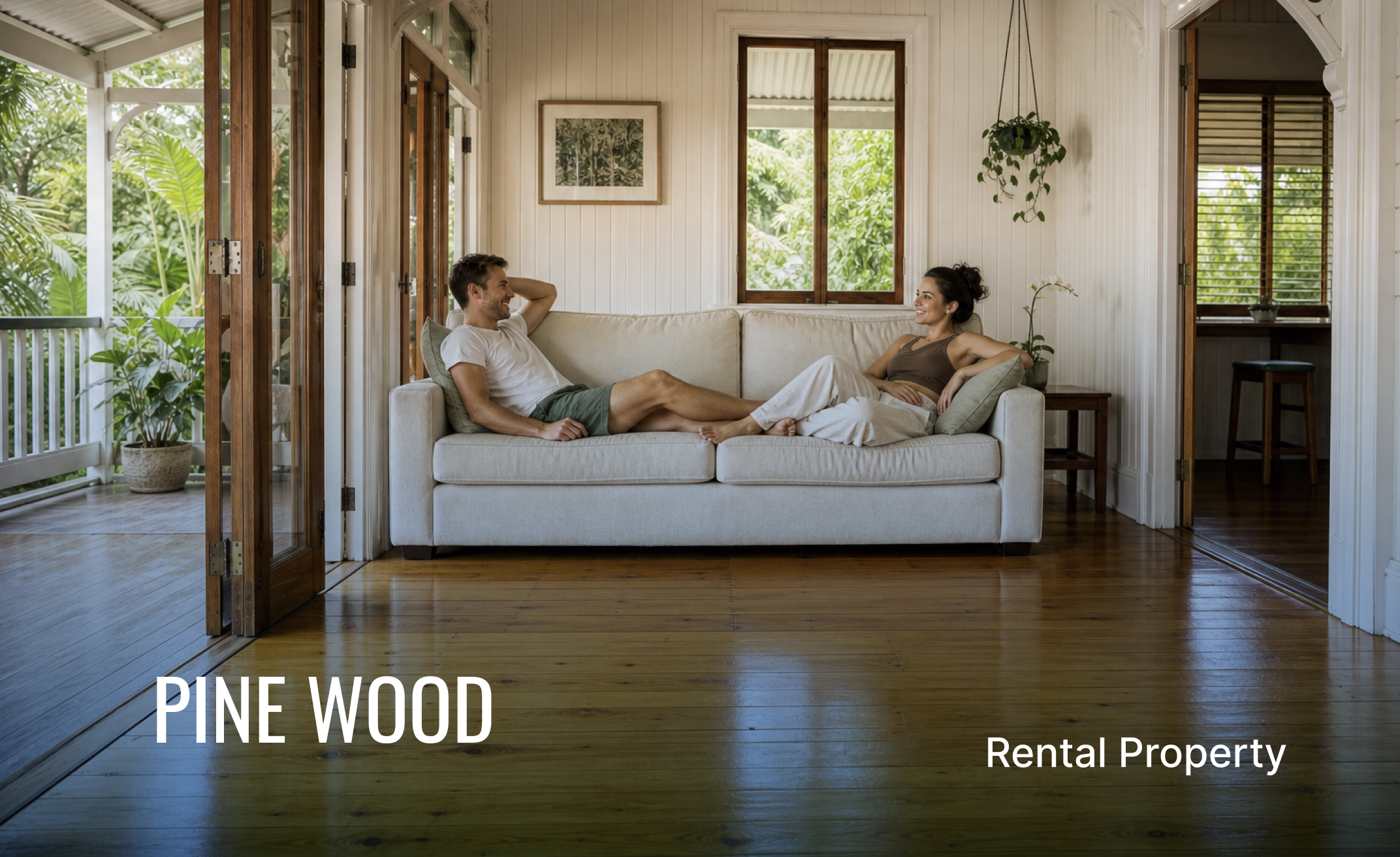 A couple sitting on a cream-colored couch inside a room with white wooden walls and large windows, surrounded by lush greenery outside. The man is reclining with one arm behind his head, and the woman is leaning back smiling at him. The room has a wooden floor and potted plants, with sunlight streaming through the windows.