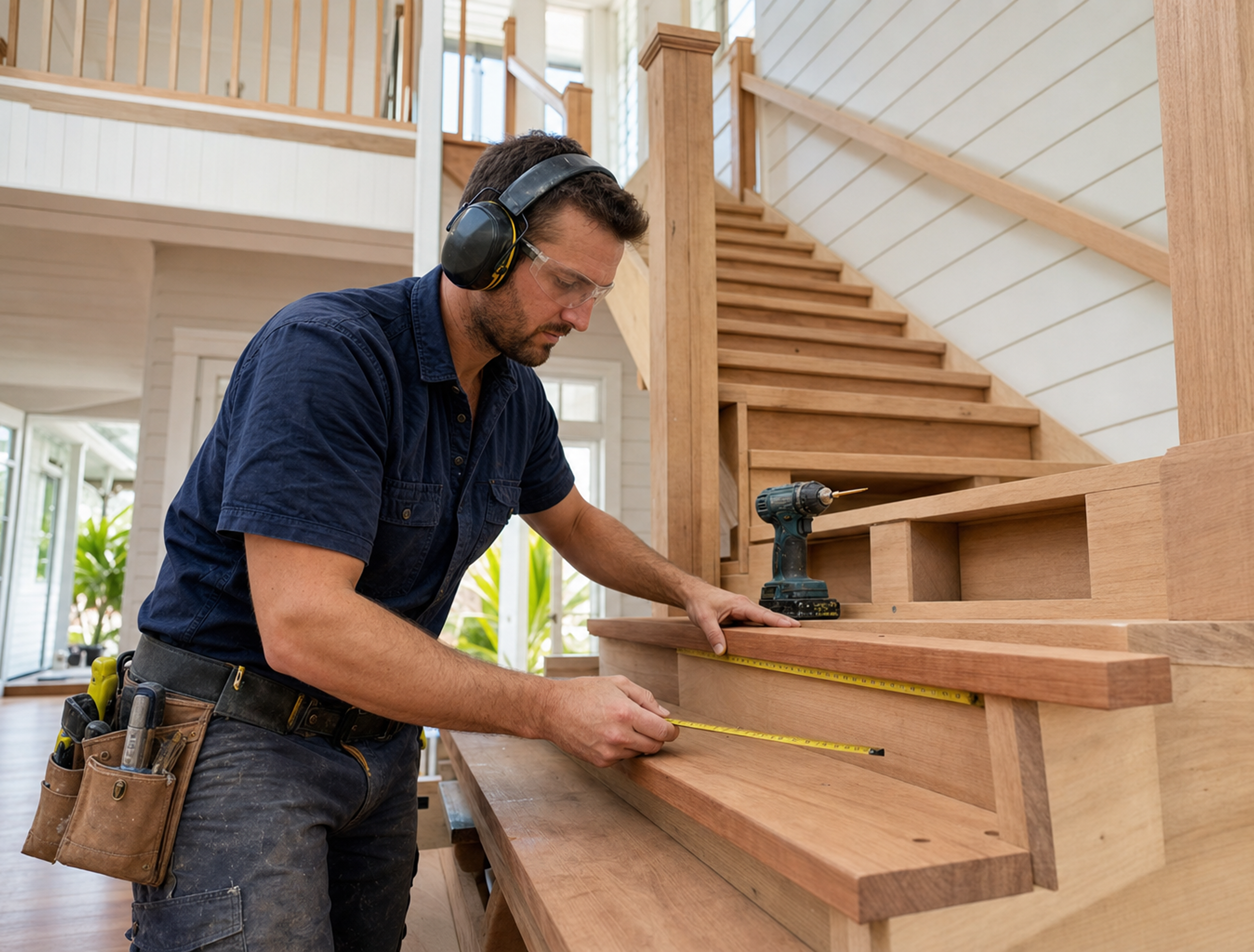 A man in safety glasses and ear protection measures a wooden staircase with a tape measure inside a bright house.