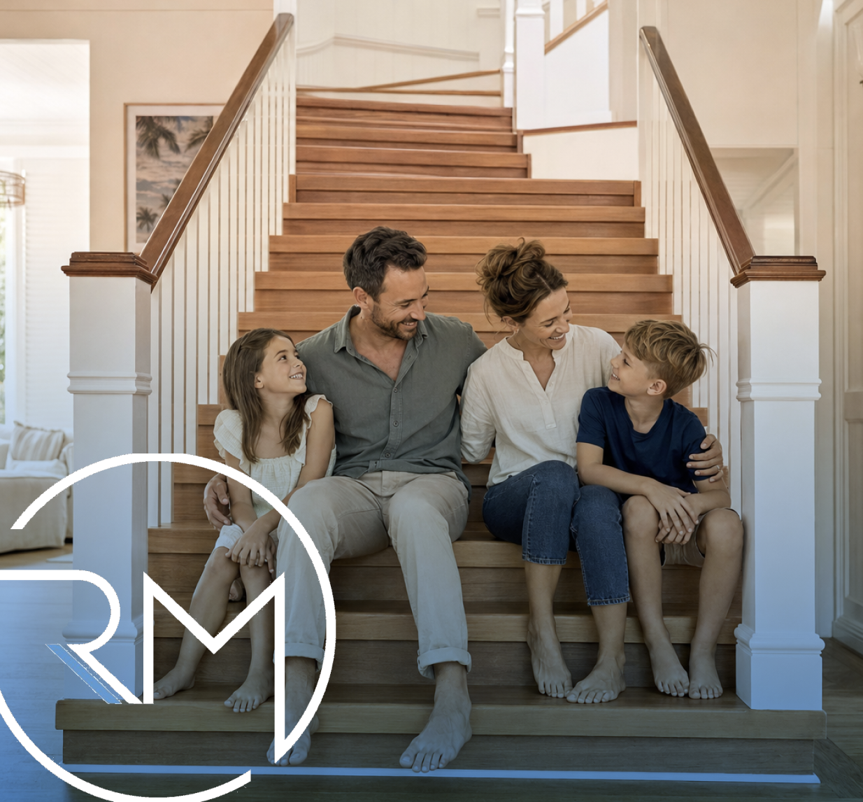 Family sitting on wooden stairs in their home, smiling and talking with each other.