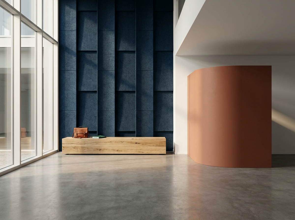 Modern lobby area with large floor-to-ceiling windows, a blue textured wall, a light wooden bench, a brown leather bag, a green notebook, and a curved orange wall.