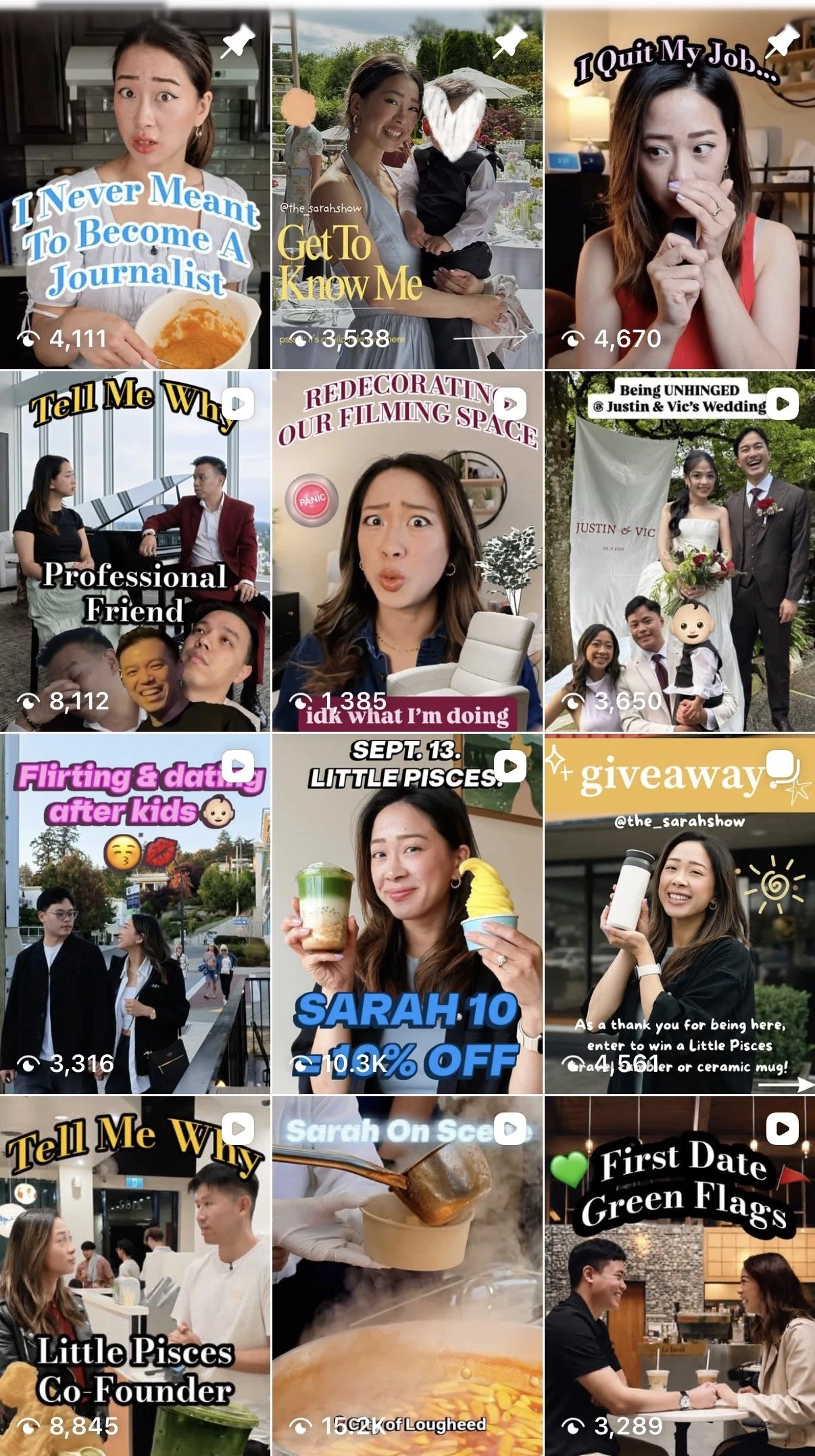 A collage of social media video thumbnails showing various women, including one holding a bowl of soup, one at an outdoor wedding with a child, and others in different settings. Text overlays include humorous and promotional messages, such as "I Never Meant To Become A Journalist," "Get To Know Me," "I Quit My Job," "Re decorating Our Filming Space," and "Sarah 10% OFF." Some thumbnails feature people laughing, talking, or eating, with a mix of indoor and outdoor backgrounds.