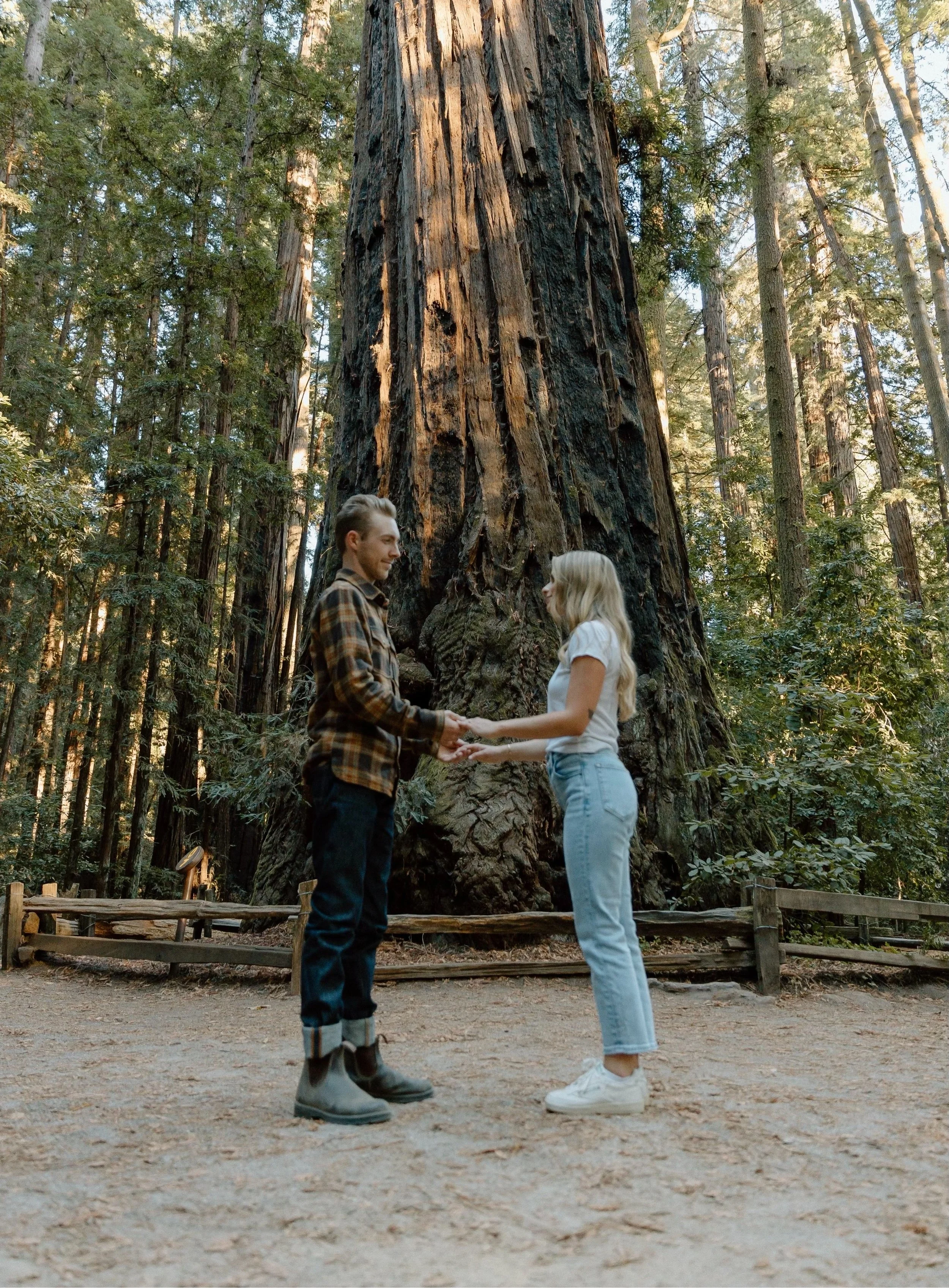 A couple stands hand in hand on a dirt path in a forest, with tall trees and a large sequoia tree in the background. The man is wearing a plaid shirt and boots, and the woman is wearing a white t-shirt and jeans.