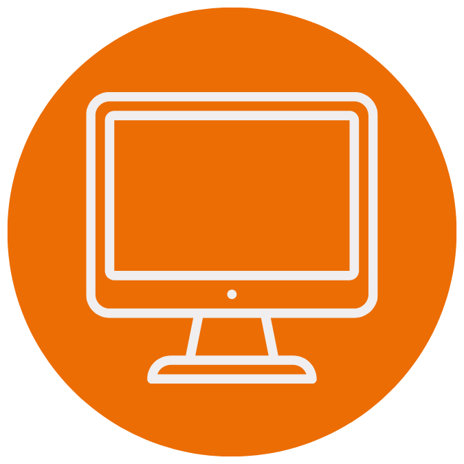 Icon of a computer monitor on an orange circular background.