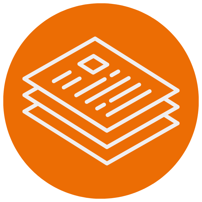 Icon of layered documents or papers on an orange circular background.