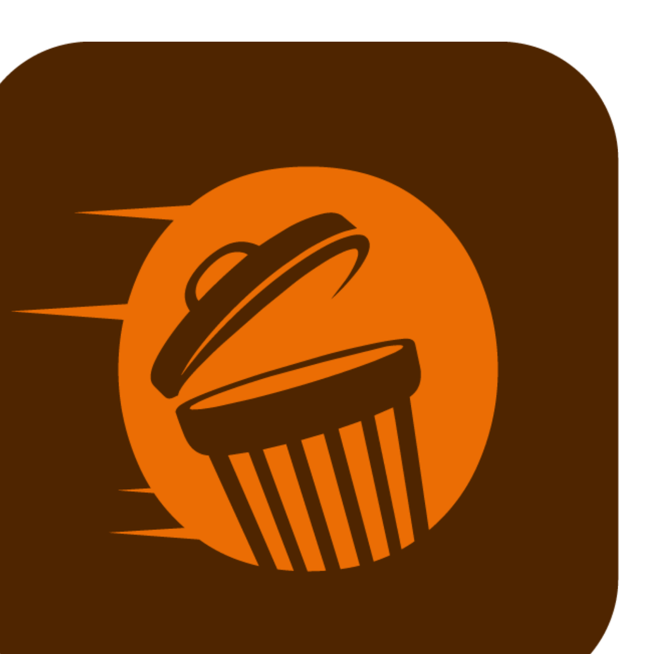 A graphic of an orange circle with a stylized soda cup with a straw and a hat inside it, set against a dark brown background.