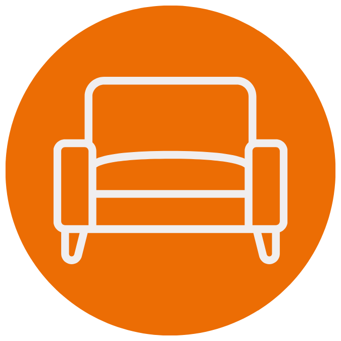 Icon of a vintage armchair on an orange circular background.