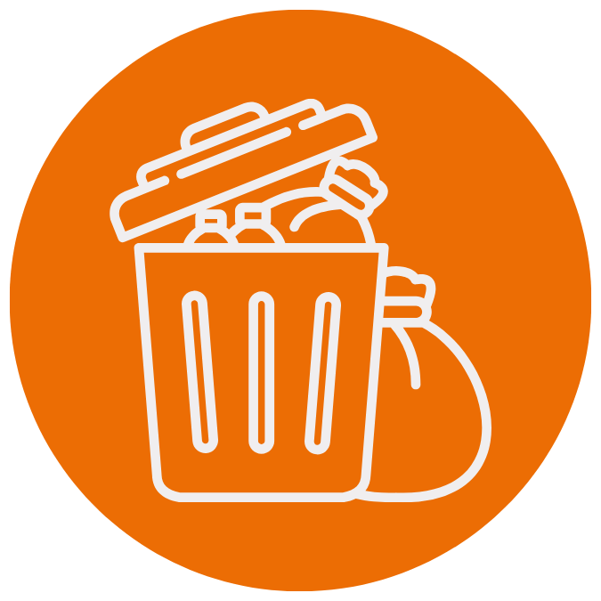Icon of a trash can filled with garbage and a bag on the side, on an orange circular background.