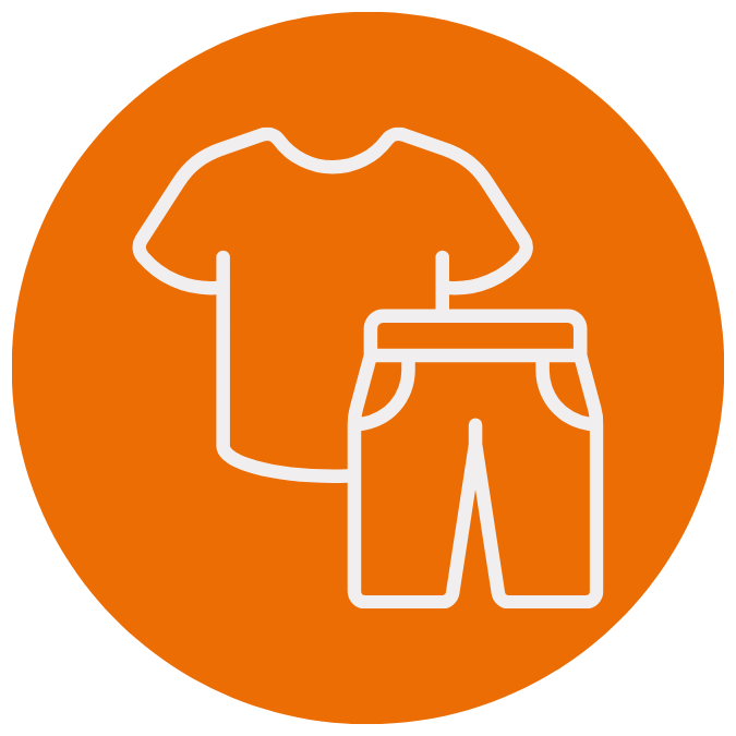 Icon of a t-shirt and pants inside an orange circle, representing clothing or apparel.