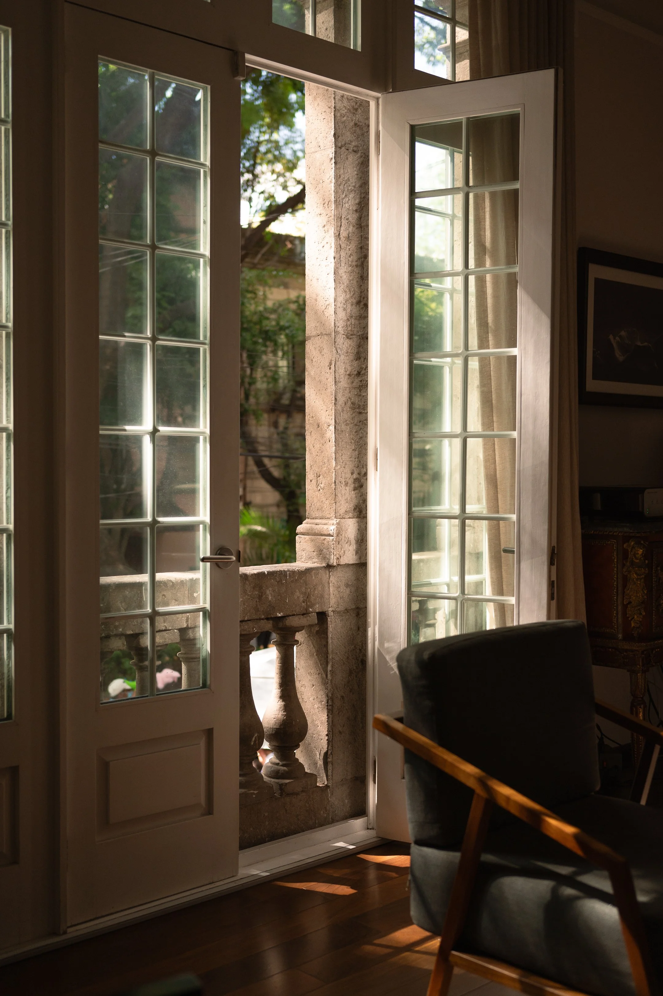 Open French doors leading to a balcony with stone railing, sunlight streaming in, revealing a tree and outdoor scene.