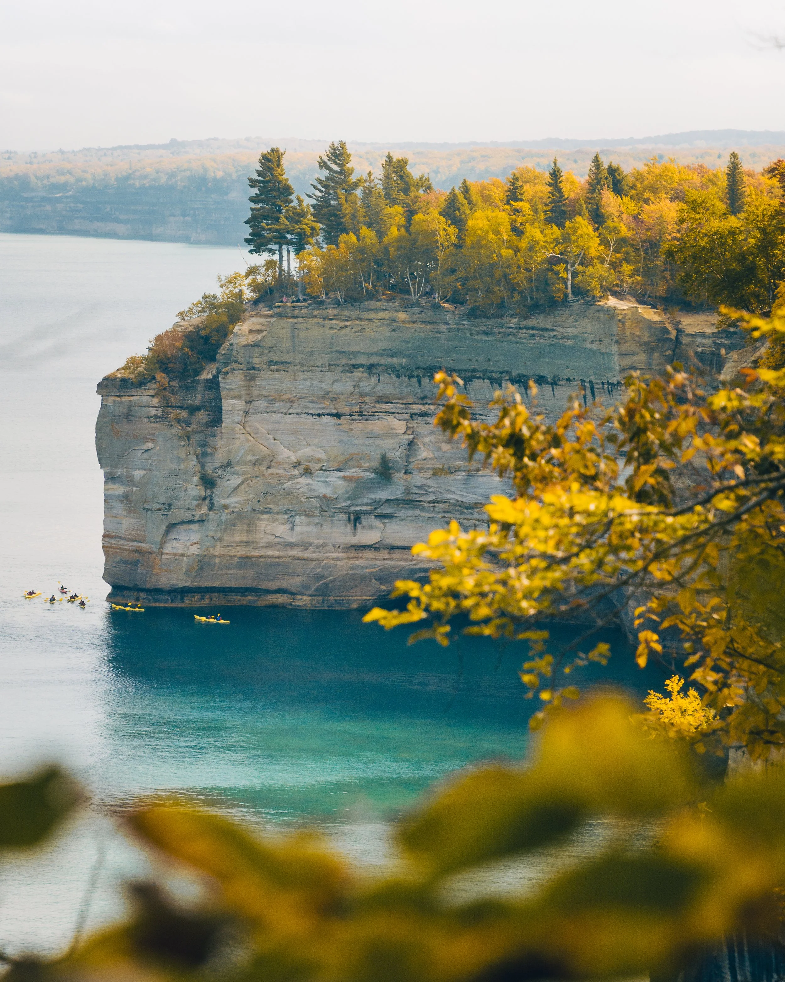 A cliff with trees overlooks a large body of water with kayakers paddling near the base of the cliff. The trees are in autumn colors with shades of yellow and orange.