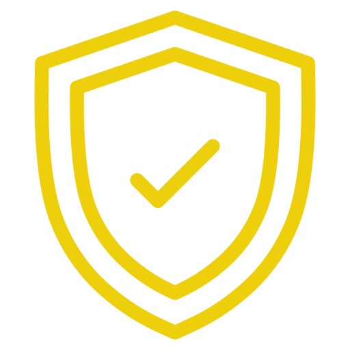 Yellow shield icon with a check mark inside on a black background.