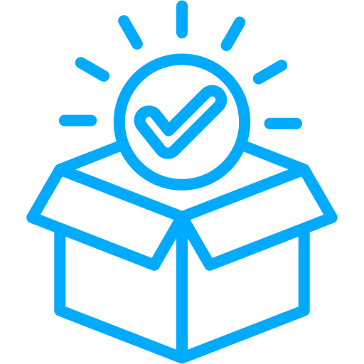 Open box with a checkmark inside a circle above it, symbolizing verified or approved contents.