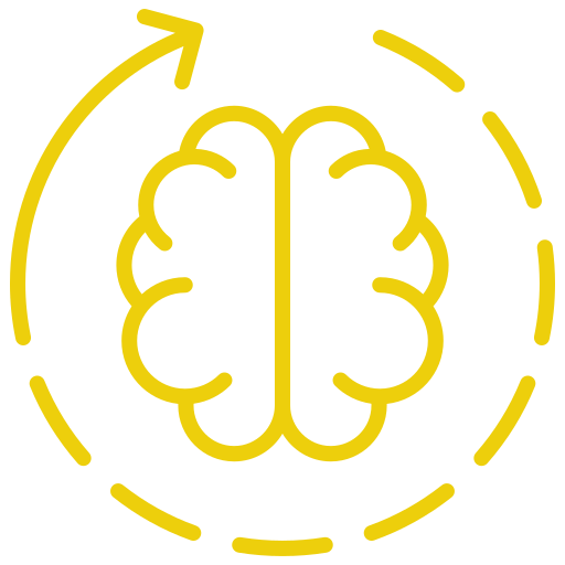 Line drawing of a human brain with circular arrows around it, indicating mental or cognitive processes.