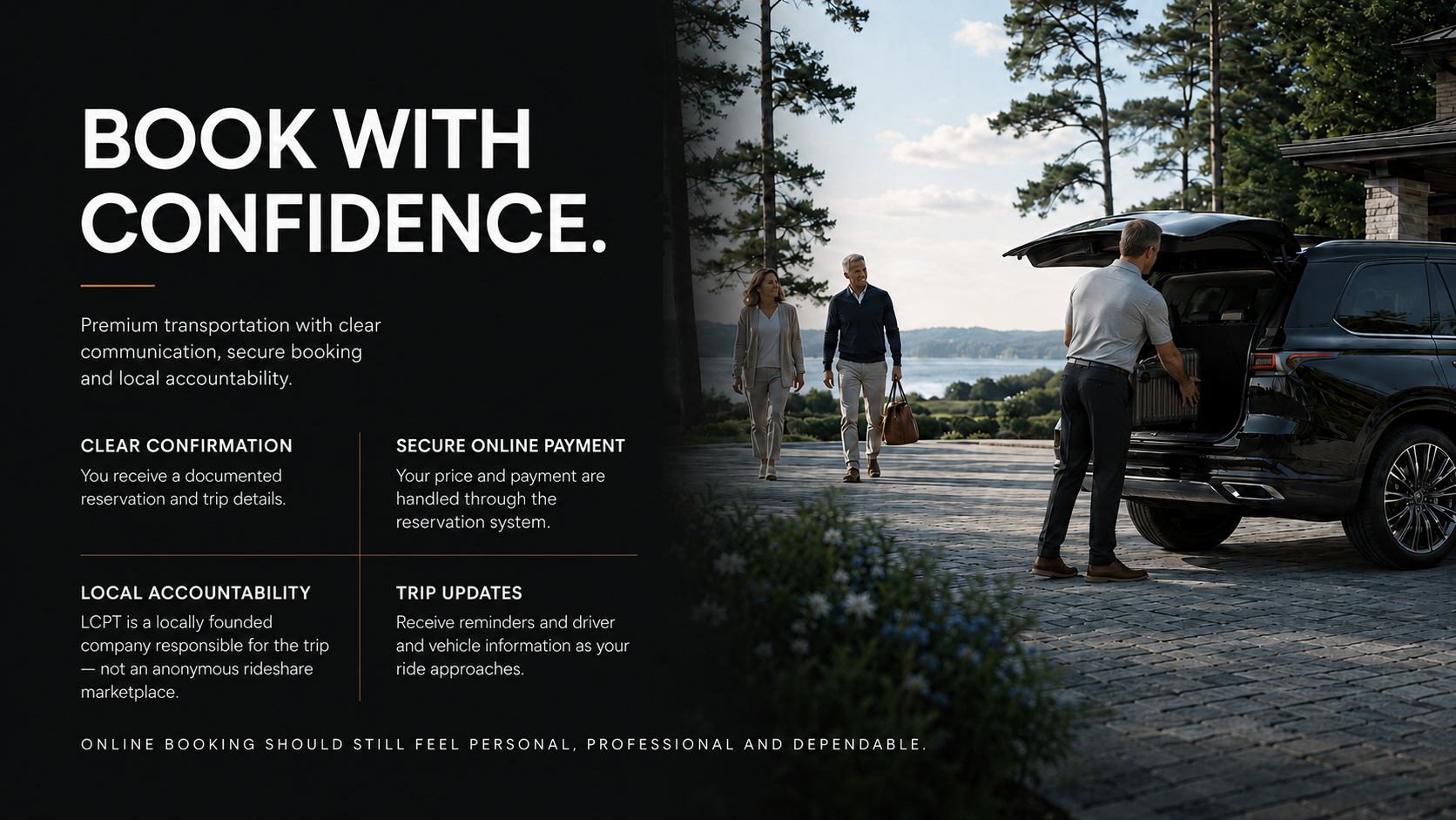 An advertisement for a transportation service showing a man unloading luggage from a black SUV, with two people walking towards the vehicle in an outdoor scenic area with trees and water in the background.
