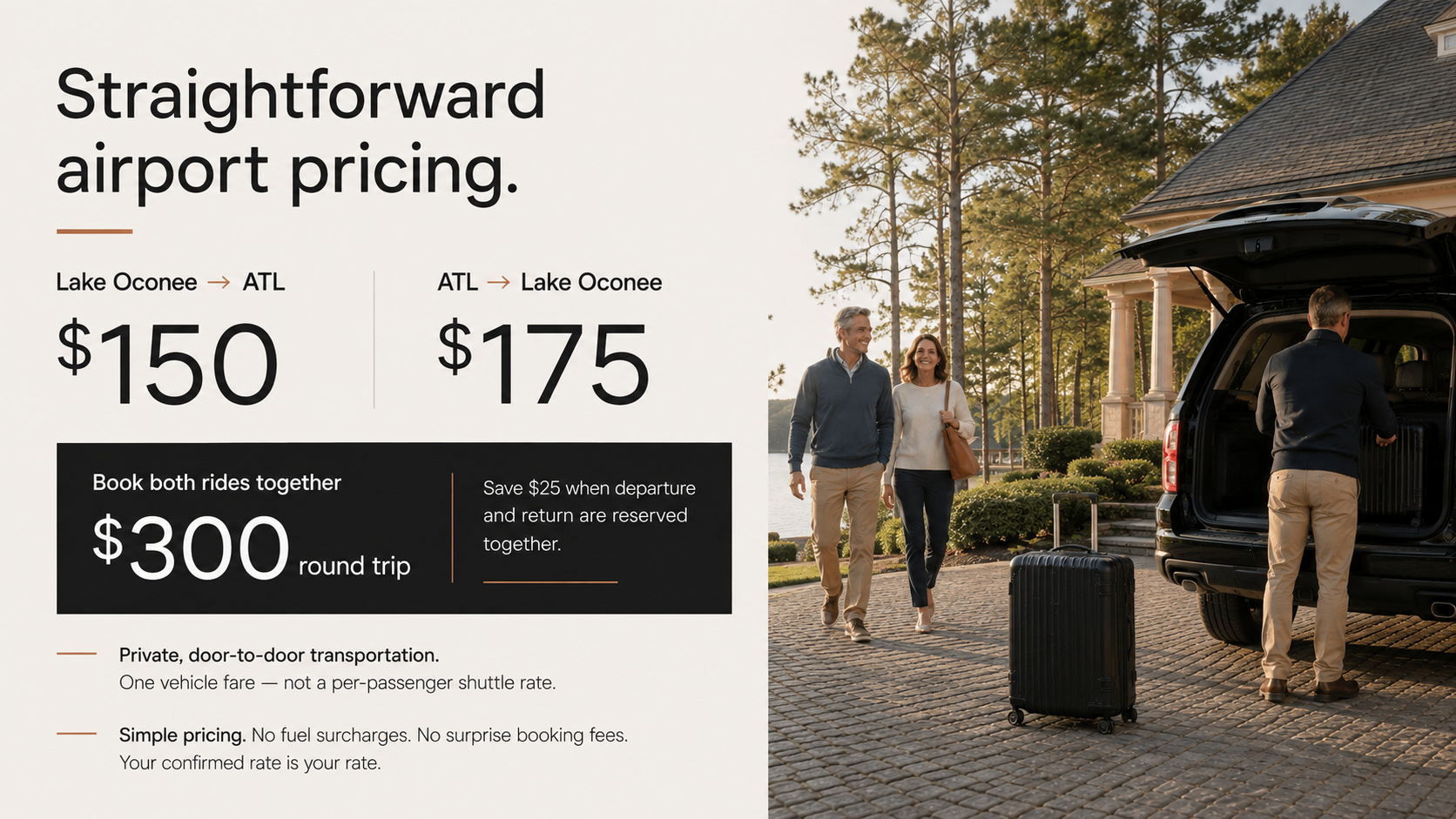 Advertisement for airport transportation service showing prices for one-way fares from Lake Oconee to Atlanta and round trips, with a photo of a couple walking to a car and a driver loading luggage into the trunk.