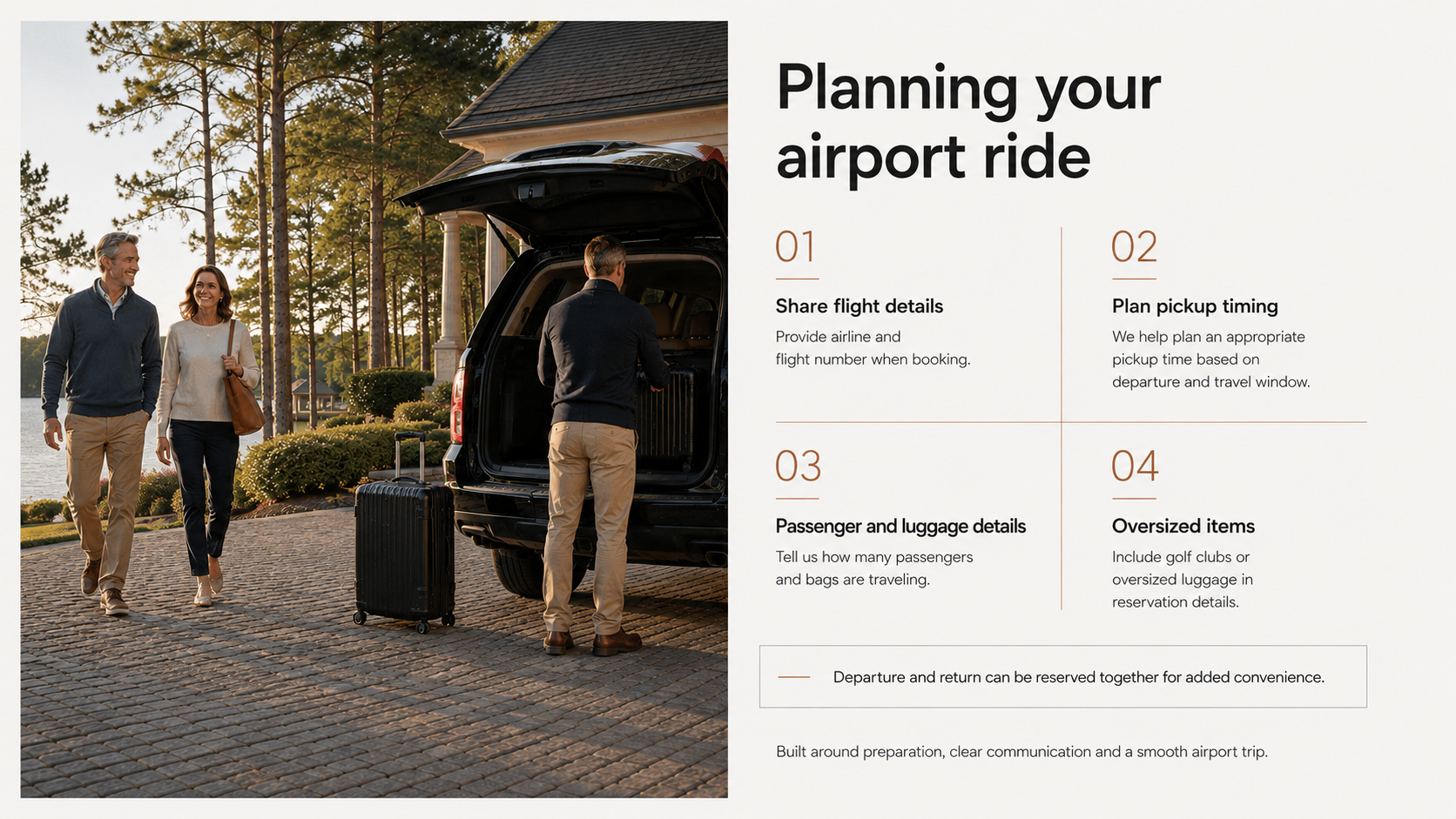 Two people walking towards a car with luggage in the driveway of a house surrounded by trees, as a man bags luggage into the trunk. The slide titled 'Planning your airport ride' includes instructions for sharing flight details, planning pickup timing, passenger and luggage details, and listing oversized items.