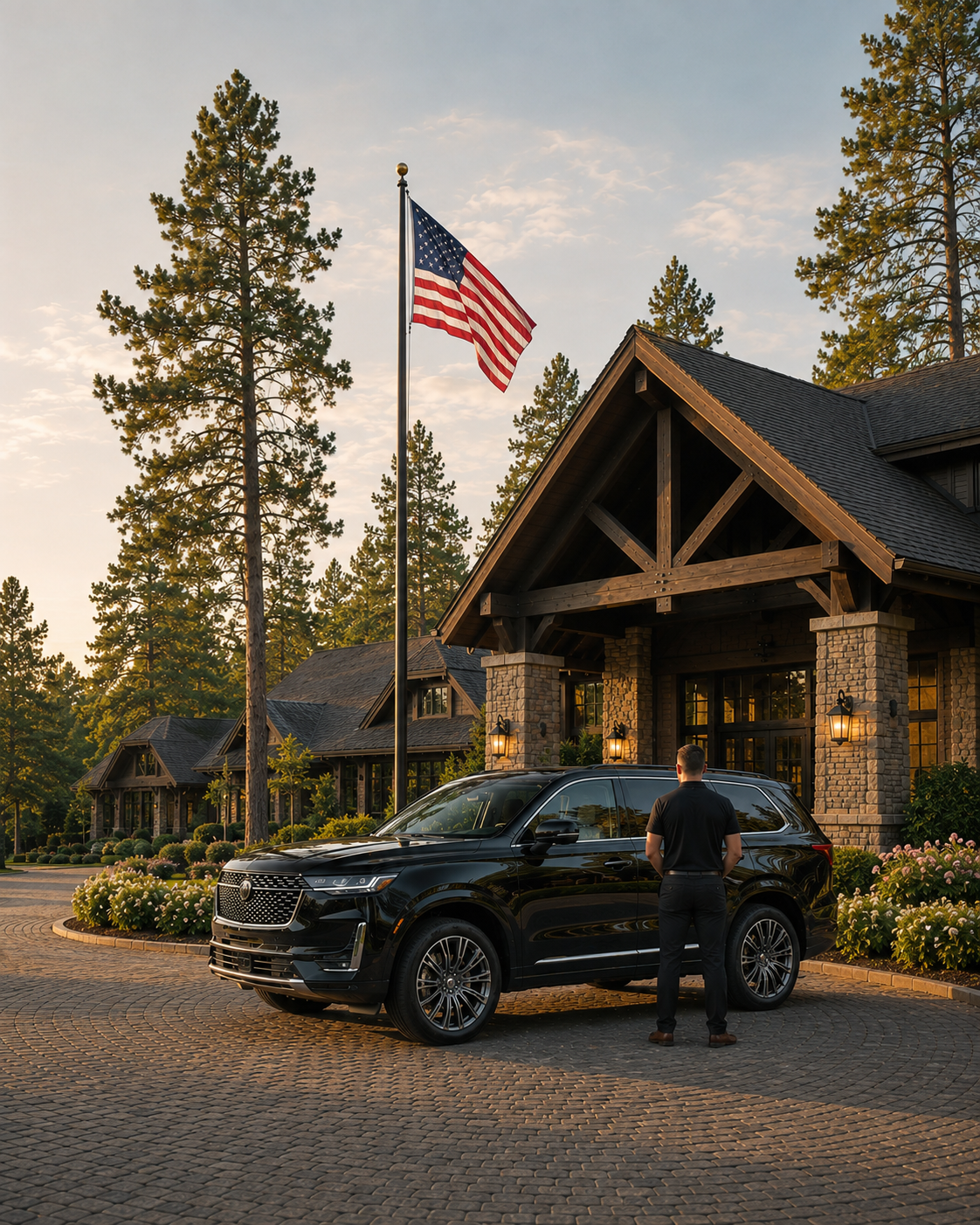 A man standing next to a black SUV in front of a large house with a stone and wood exterior, American flag flying on a flagpole, surrounded by trees and flowers, during sunset.