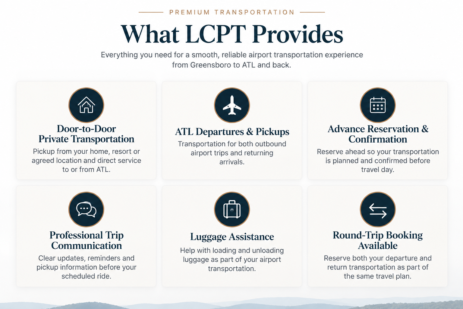 A web page detailing transportation services provided by LCPT from Greensboro to ATL. Features include door-to-door private transportation, ATL departures and pickups, advance reservation and confirmation, professional trip communication, luggage assistance, and round-trip booking options.