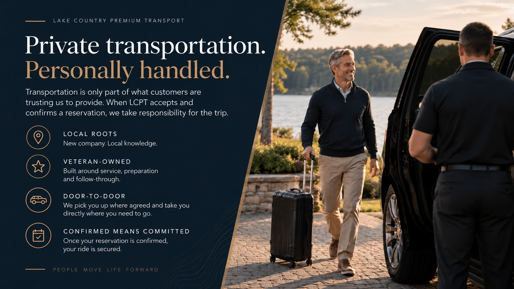 A man with gray hair pulling a suitcase and smiling at a chauffeur who is opening a car door near a lake at sunset.
