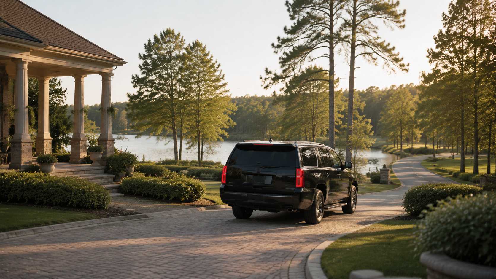 Black SUV on a landscaped driveway beside a lakeside home at sunset.