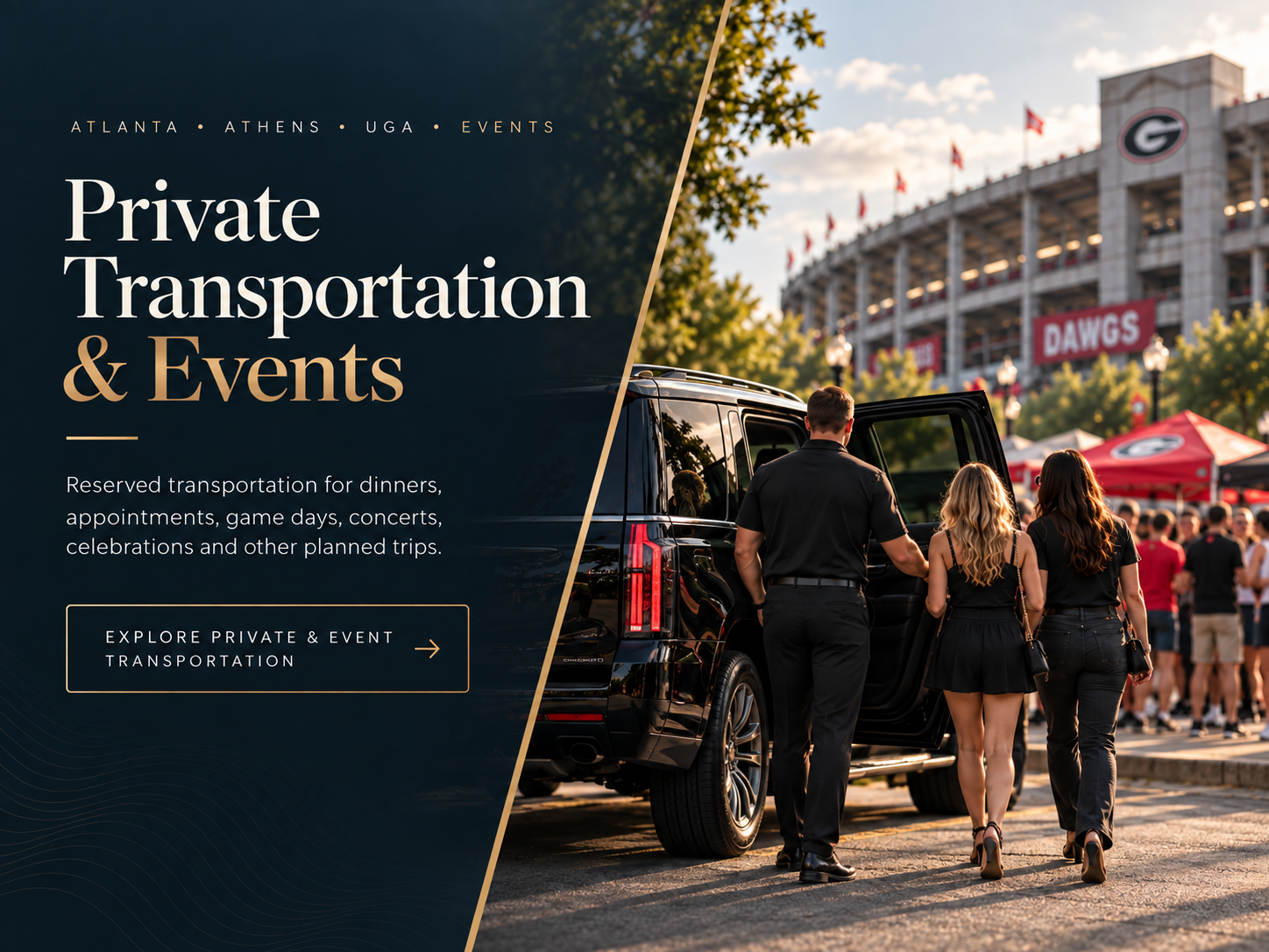 A black luxury vehicle with three people, two women and one man, entering it outside a stadium, with a crowd in the background, during late afternoon or early evening.