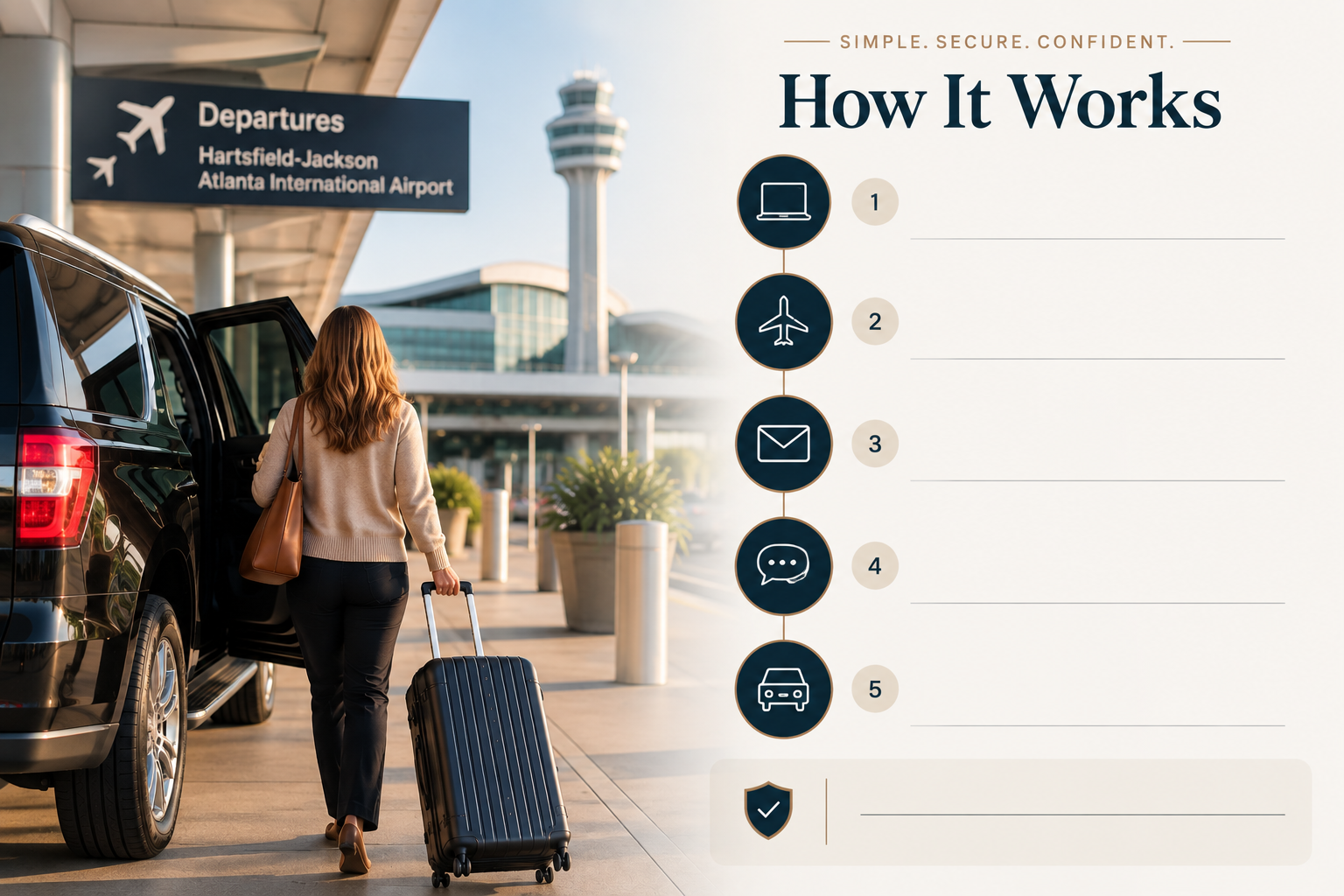 Travelers at Atlanta International Airport departing area, woman with rolling suitcase near vehicle, airport control tower in background, departure sign, and infographic on how it works.