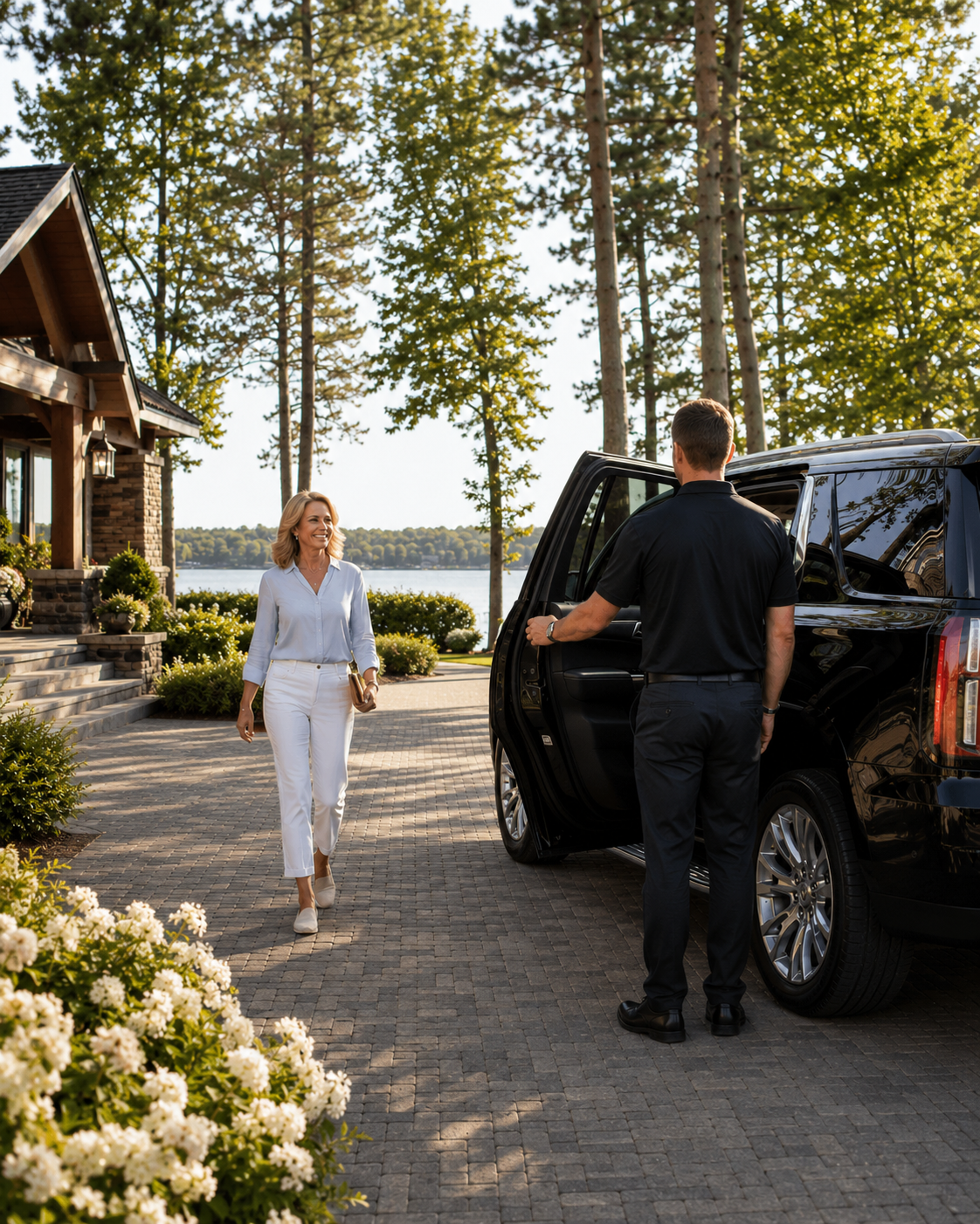 A woman in white pants and a light blue blouse walking towards a man in black clothes who is opening a black SUV's door. They are outside a house near a lake, surrounded by trees and greenery on a sunny day.