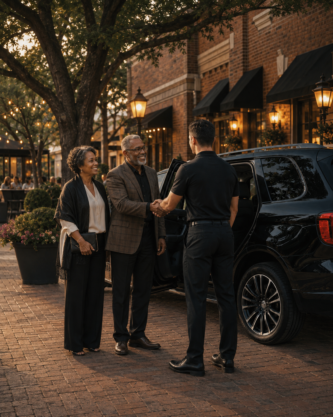 An elderly couple smiling and shaking hands with a young man outside a restaurant at dusk.