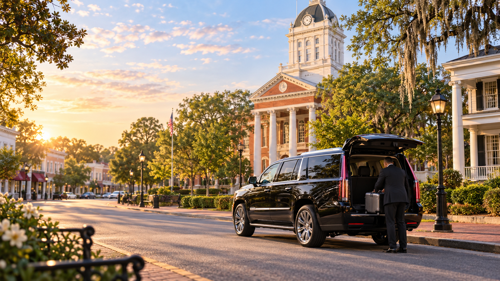A man in a suit loading luggage into the trunk of a black SUV on a quiet street in a small town during sunset, with a courthouse with a clock tower in the background, trees, benches, and street lamps.