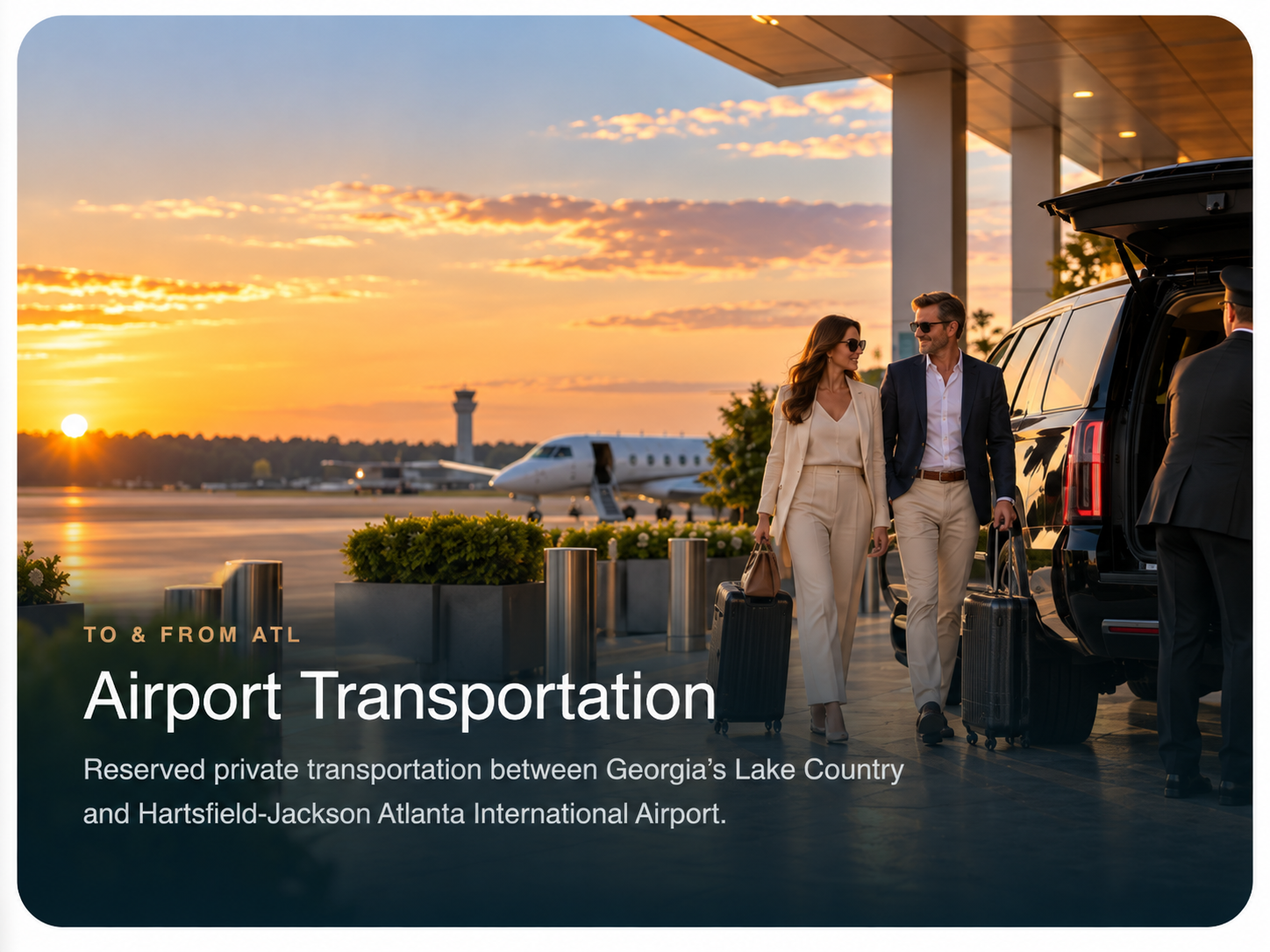 Two well-dressed travelers, a man and a woman, walking with luggage towards a black SUV at an airport during sunset, with private jet and control tower in the background.