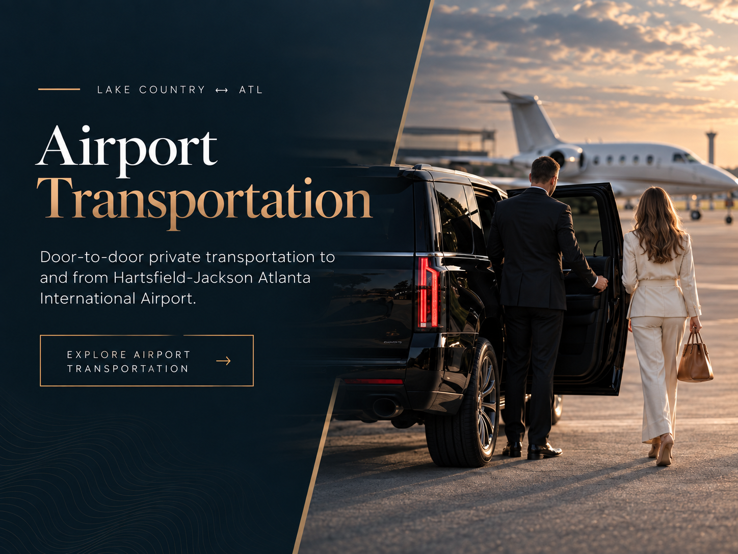 A man and woman in professional attire boarding a black luxury vehicle at a private airport tarmac with a private jet in the background during sunset.