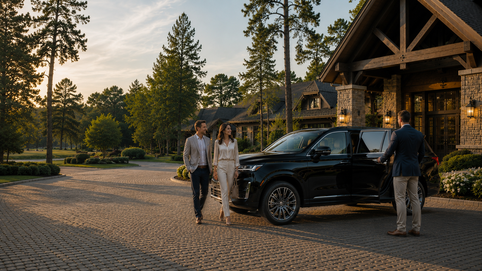 A man and woman in business attire arriving at a large house, greeted by another man in a suit, with a black SUV parked outside, during sunset, with a well-maintained garden and trees in the background.